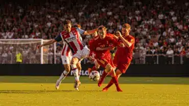 USA vs Belgium World Cup 2026 soccer match action at Lumen Field with players competing intensely