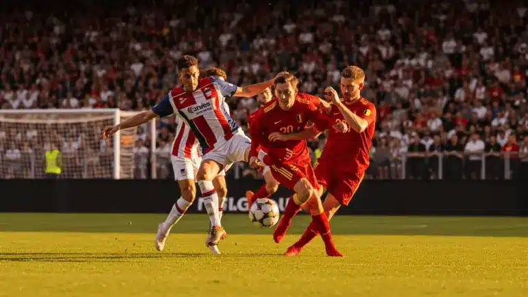 USA vs Belgium World Cup 2026 soccer match action at Lumen Field with players competing intensely