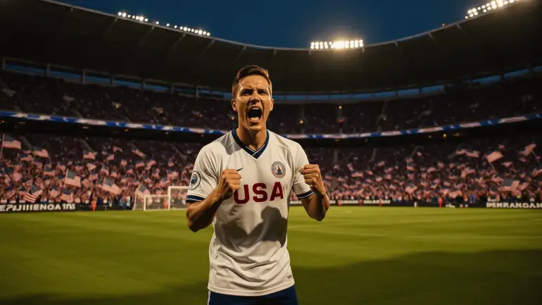 USA soccer player celebrating at Lumen Field during World Cup Round of 16 match against Belgium