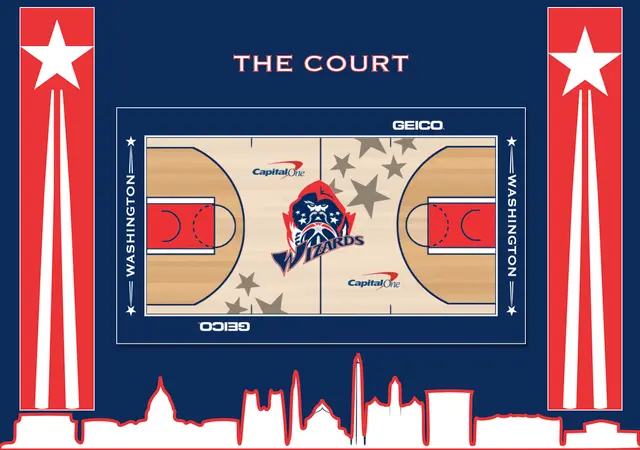 Washington Wizards court logo design featuring red, white, and blue colors.