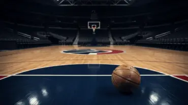 Washington Wizards basketball court with dramatic arena lighting and team colors
