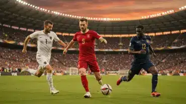 World Cup 2026 knockout round match action with players competing in modern stadium under dramatic lighting