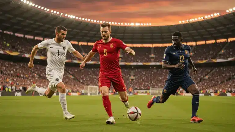 World Cup 2026 knockout round match action with players competing in modern stadium under dramatic lighting
