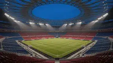 Modern football stadium interior with dramatic lighting for World Cup 2026 match atmosphere