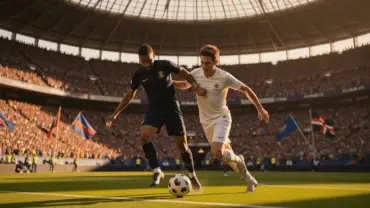 Intense World Cup knockout match action with players competing at a packed American stadium