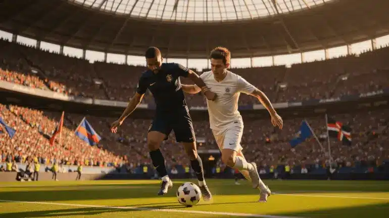 Intense World Cup knockout match action with players competing at a packed American stadium