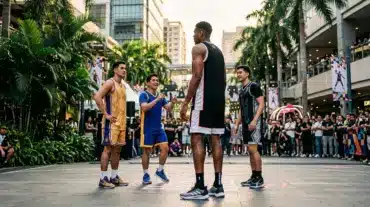 Basketball star posing with NBA-inspired Filipino lookalikes during a Manila promotional visit