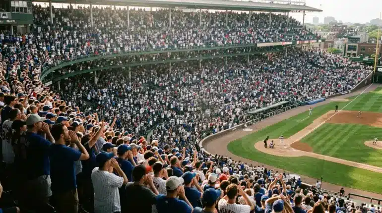 Chicago baseball fans unite in a packed stadium during a spirited Crosstown Classic crowd moment