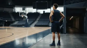 Anonymous young basketball forward standing between the court and arena tunnel amid free-agency uncertainty