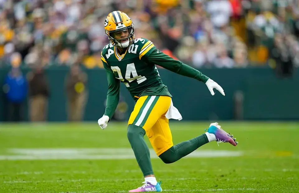 Green Bay Packers cornerback Carrington Valentine defending during a game