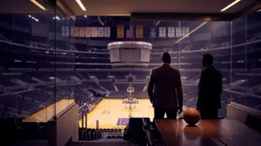 Back-facing basketball executive silhouettes overlook an arena during a potential Lakers ownership transition