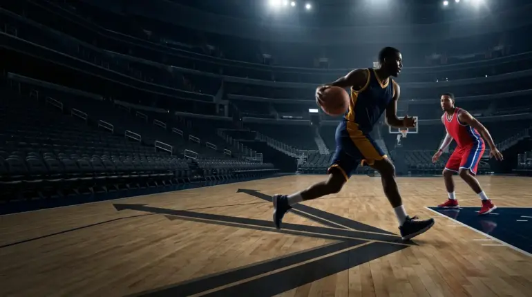 Faceless basketball player drives toward the basket in a dramatic NBA trade analysis scene
