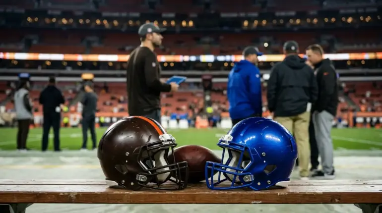 Cleveland and New York football helmets symbolize Jameis Winston trade speculation and Browns quarterback uncertainty