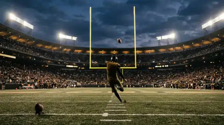 NFL-style kicker attempts a field goal under stadium lights, symbolizing the Saints' unsettled kicking competition
