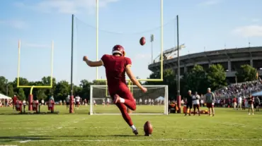 Anonymous NFL kicker sends a field goal through the uprights during a Washington Commanders training camp competition