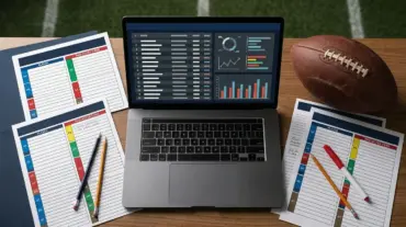 Fantasy football draft workstation with rankings sheets, projections and a football