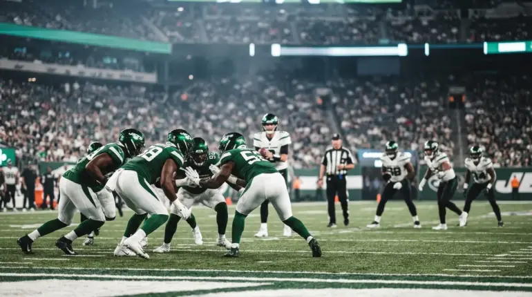 New York Jets defenders line up during a preseason game as roster decisions take shape