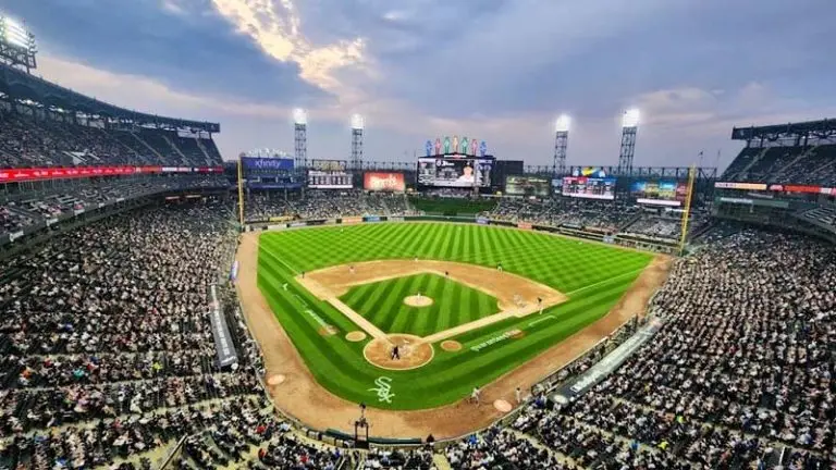 Wide-angle view of a crowded stadium during a Chicago baseball game.