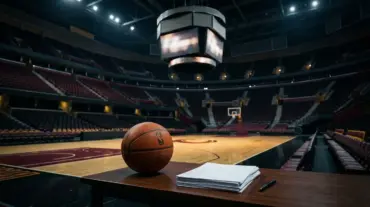 Empty Cavaliers-inspired arena with a basketball and unsigned contract papers symbolizing Harden’s unresolved deal