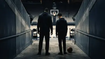 Silhouettes of two basketball players in an arena tunnel representing a possible father-son NBA reunion