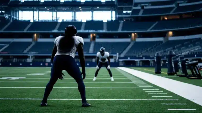 Anonymous Cowboys defensive players on a stadium field representing possible roster additions