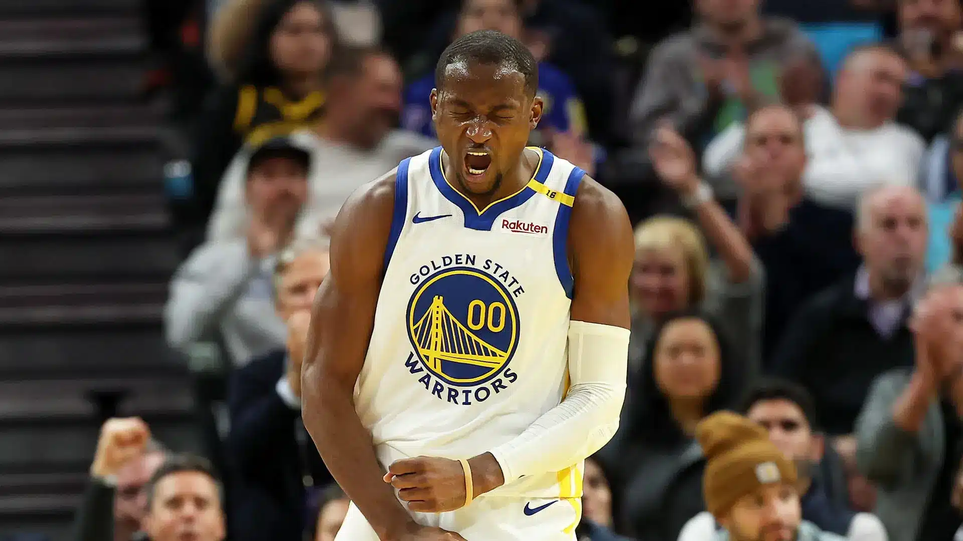 Jonathan Kuminga of the Golden State Warriors shouting in celebration during a basketball game