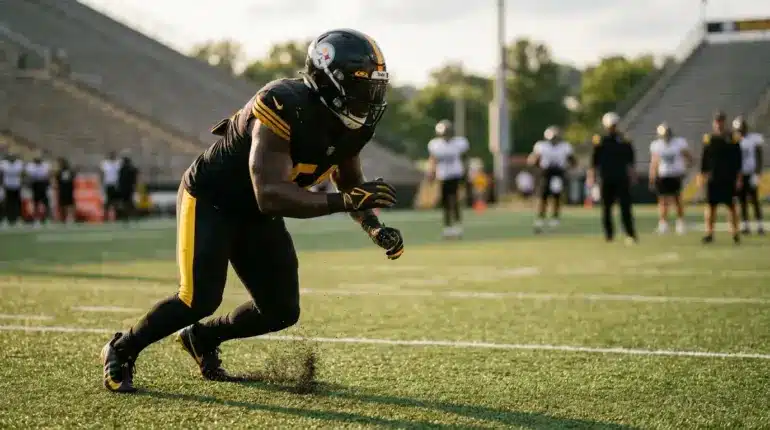 Steelers defensive lineman driving through a practice rep on a football field