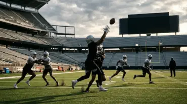 Raiders-inspired wide receivers work through a tense practice drill under coaching scrutiny