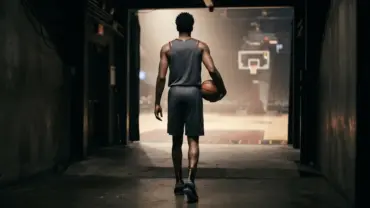 Basketball player entering a brightly lit arena, symbolizing Jonathan Kuminga’s potential move to Cleveland.
