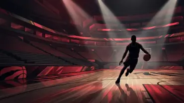 Silhouetted point guard on a Toronto-inspired basketball court representing a hypothetical Kyrie Irving trade.