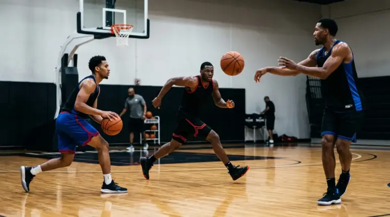Three basketball players build chemistry during an intense 3-on-3 workout in a Los Angeles gym
