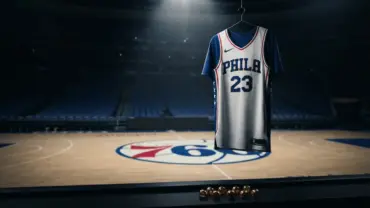 Philadelphia 76ers jersey number 23 illuminated in arena with championship rings and team court in background
