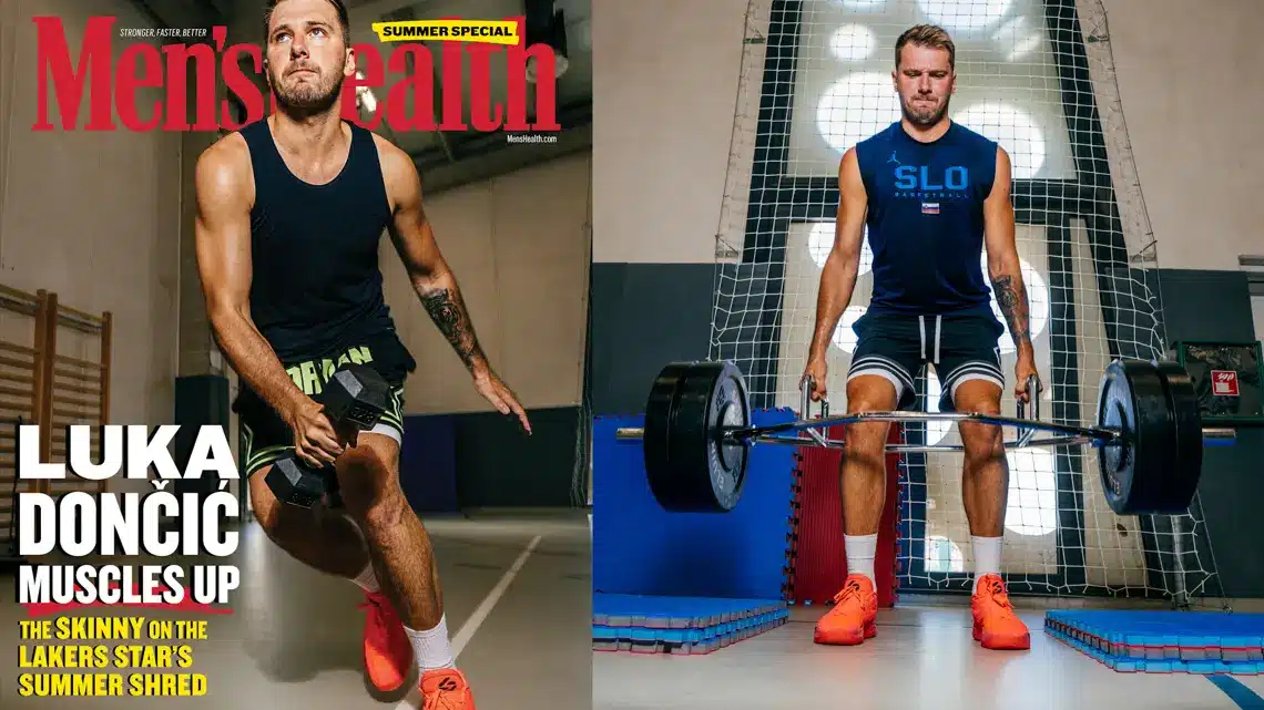 A split image showing Luka Doncic on a Men's Health magazine cover and training with a barbell in a gym.
