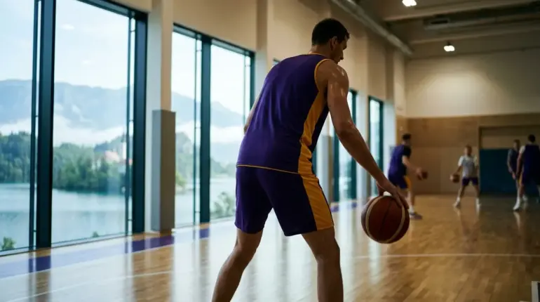 Lakers star training at a Slovenian basketball camp with a leaner physique and Lake Bled scenery in the background