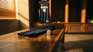 Basketball championship ring and shooting sleeve on locker room bench suggesting player transition