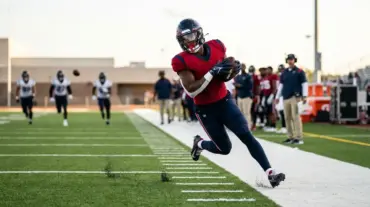 Houston Texans-inspired running back making a long touchdown catch during a football practice simulation