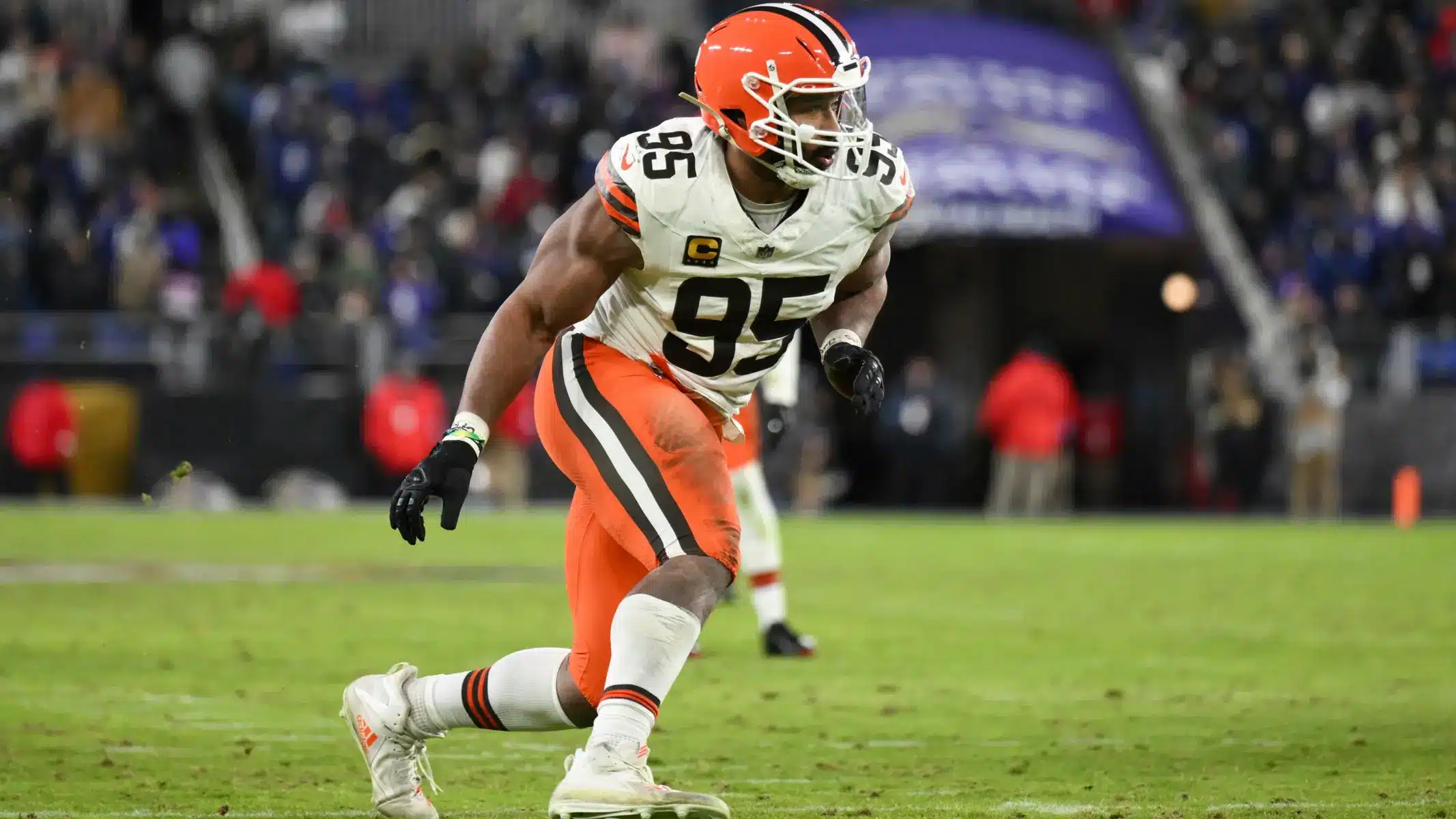 Cleveland Browns defensive end Myles Garrett in white jersey number 95 during a game
