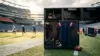 Patriots-inspired receiver equipment and open practice-field space symbolize a roster-changing NFL trade