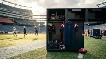 Patriots-inspired receiver equipment and open practice-field space symbolize a roster-changing NFL trade