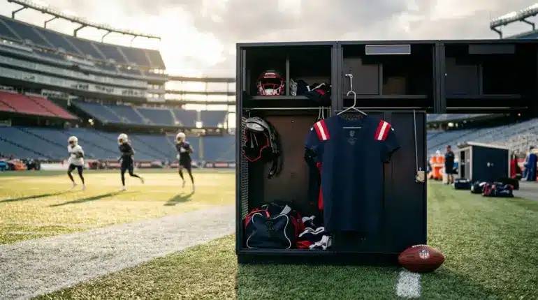 Patriots-inspired receiver equipment and open practice-field space symbolize a roster-changing NFL trade