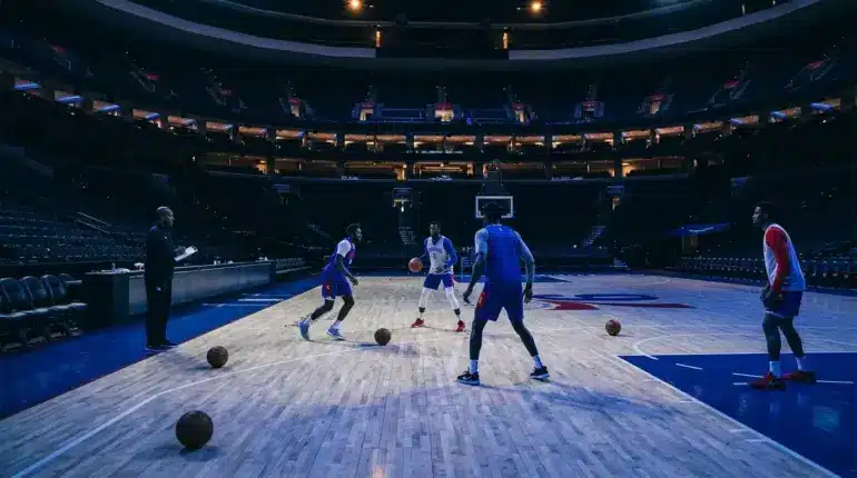Philadelphia 76ers practice silhouettes arranged on a basketball court to illustrate a crucial chemistry test