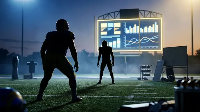 Defensive players silhouetted on a Rams-inspired field beside an abstract salary-cap scoreboard