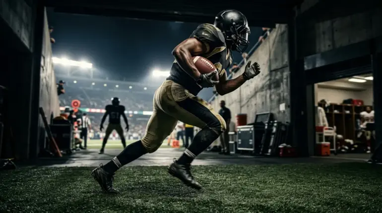 NFL running back carrying the ball under stadium lights after a roster trade