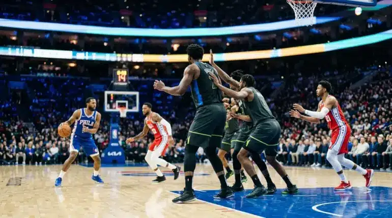 Philadelphia 76ers-inspired star lineup facing a defensive test in a dramatic basketball arena