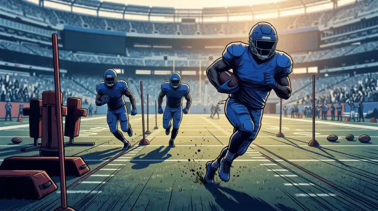 Anonymous Giants running back silhouette leading a crowded backfield competition at preseason training camp