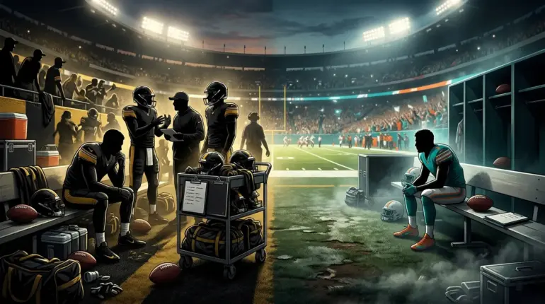 NFL quarterback roster surplus on one side and Miami backup quarterback scarcity on the other in a stadium