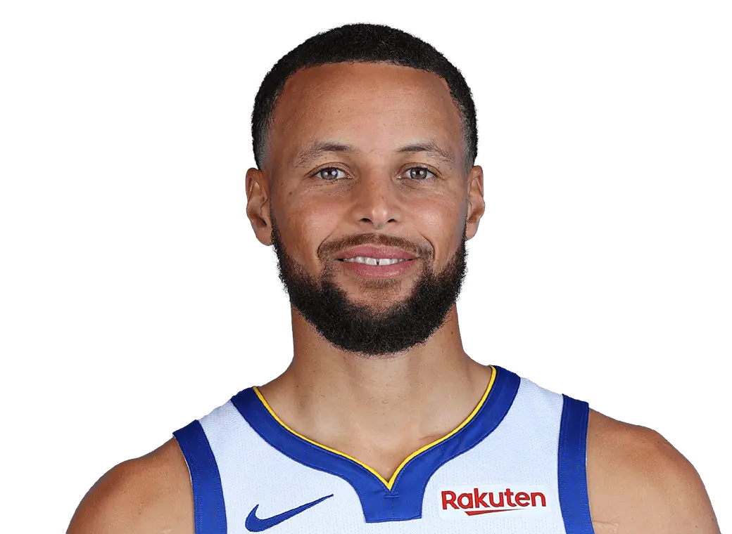 Headshot of Stephen Curry wearing a white and blue Golden State Warriors jersey