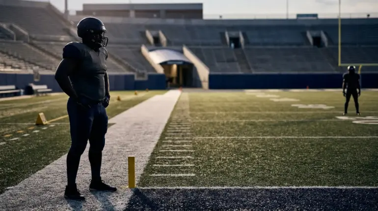 NFL free-agent tackle silhouette on a football field during training camp