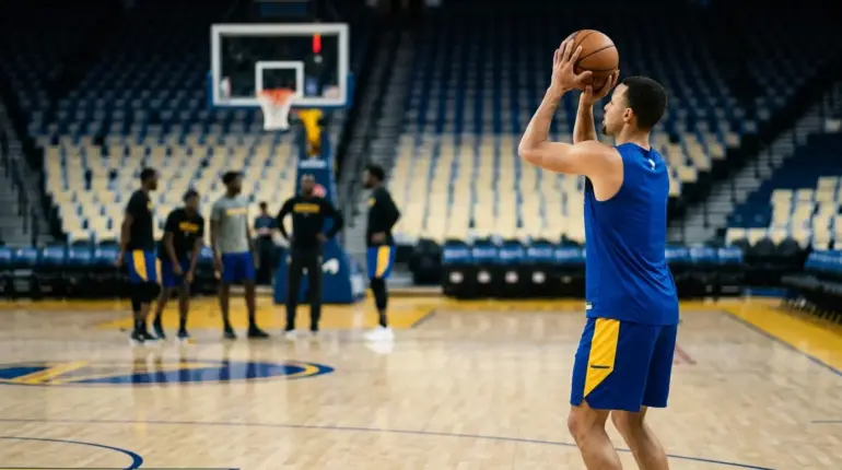 Veteran basketball player preparing to shoot on a blue-and-gold NBA-style court