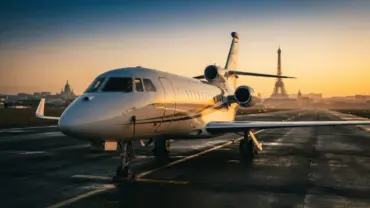 Private jet on Paris runway with Eiffel Tower in background at sunset